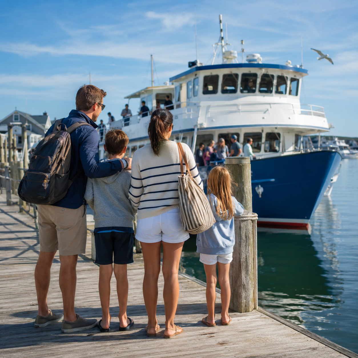 Cape Cod Transit - family waiting to board a whale watch boat